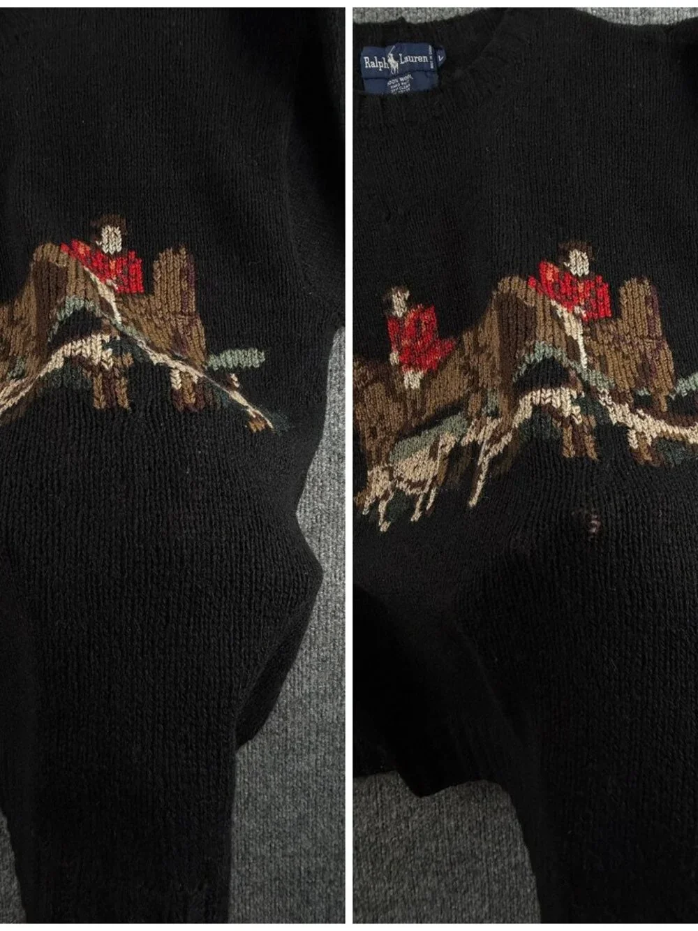VTG Ralph Lauren Equestrian Fox Hunt Large Sweater Graphic Black Wool Hand Knit